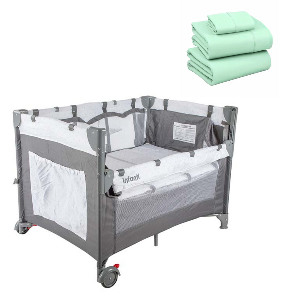 Cuna colchon Playard Always Together más Sabana Menta Oasis