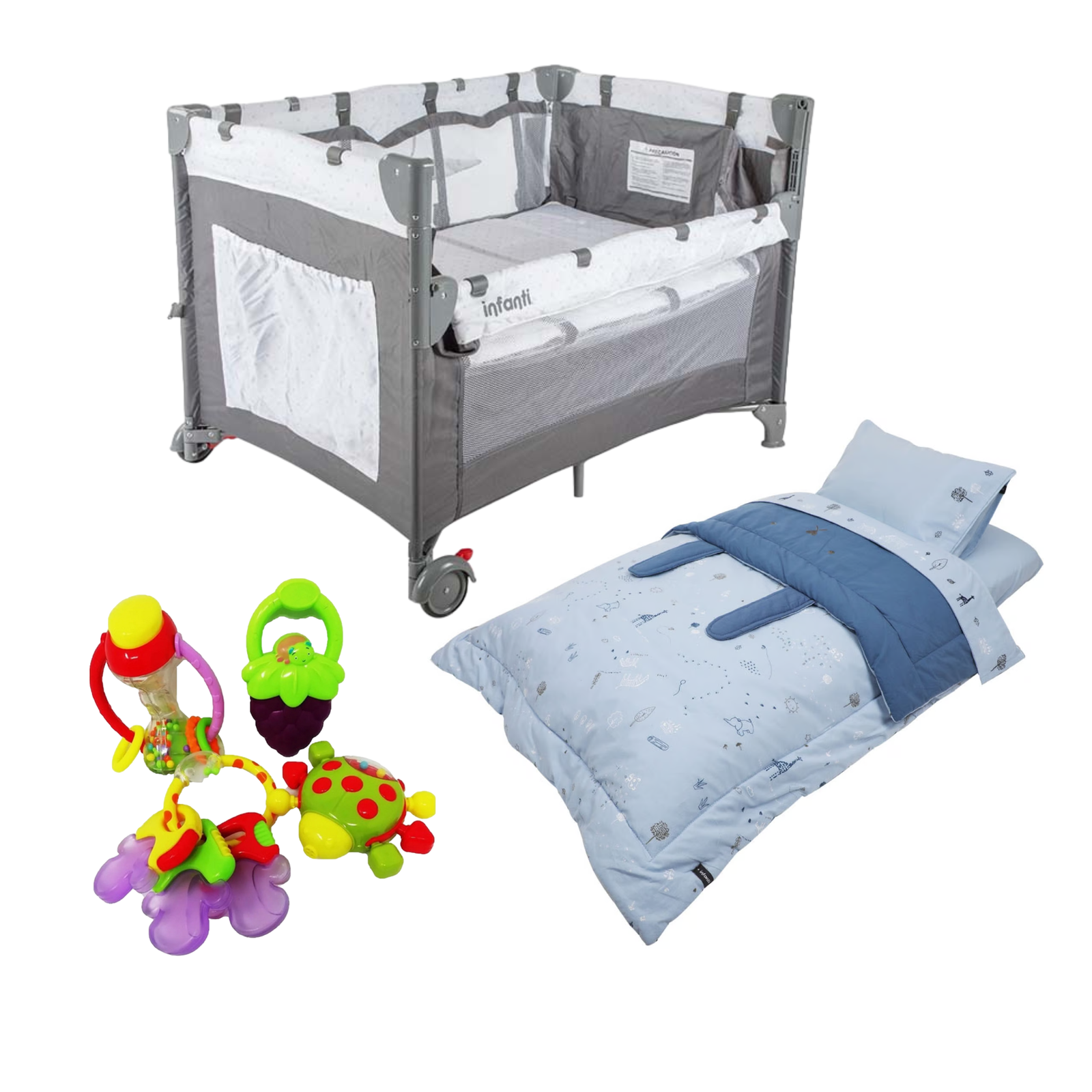 Cuna mas colchón Always together Set sabanas Azul y Sonajeros