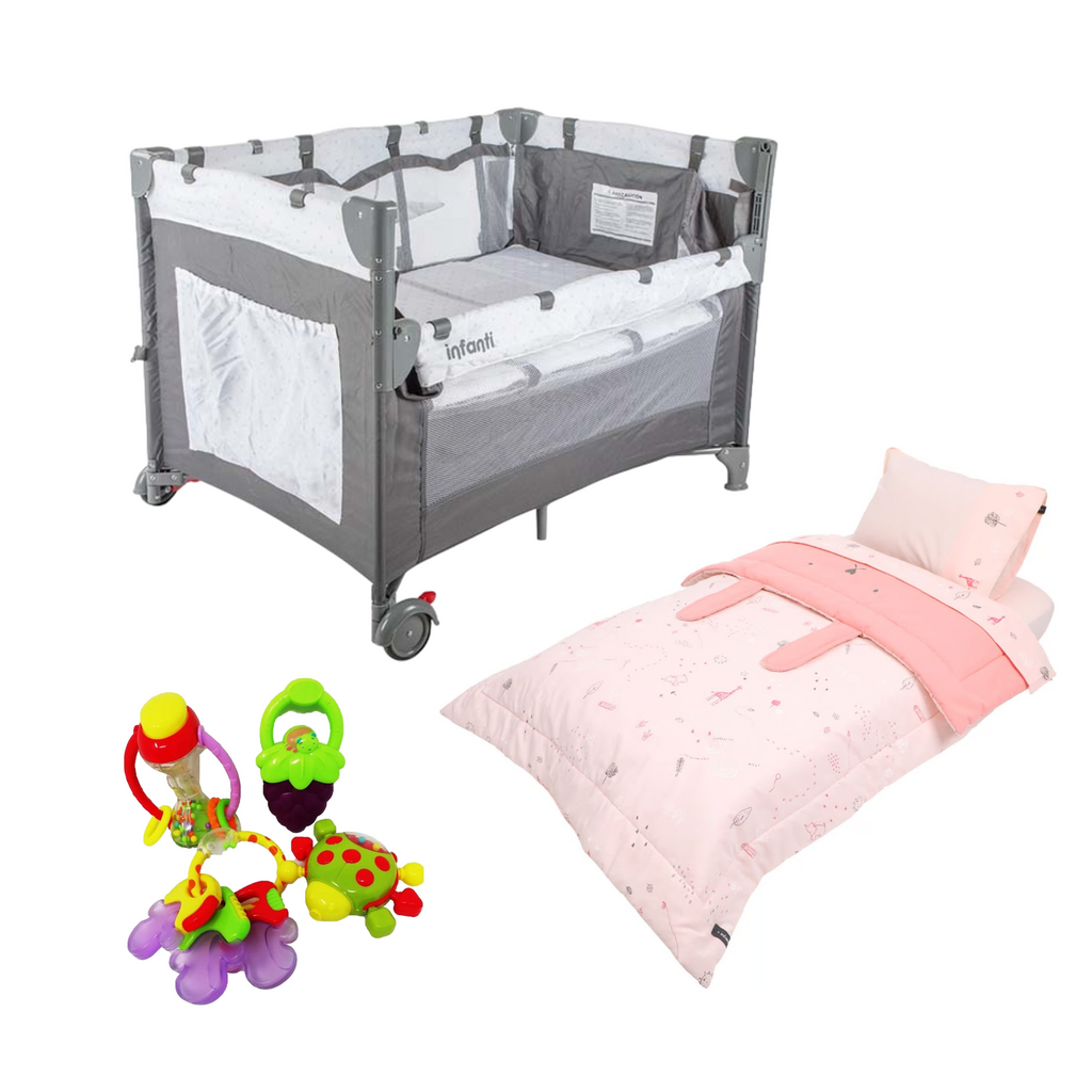 Cuna mas colchón Always together Set sabanas Rosa y Sonajeros