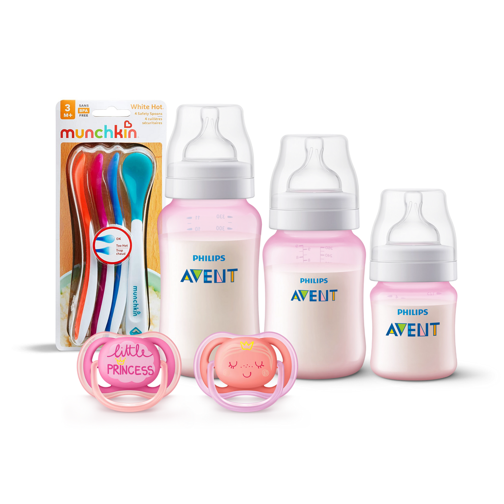 3 Mamaderas Blue + Set de 2 chupetes Pink decorado 6-18 meses y 4 Cucharas