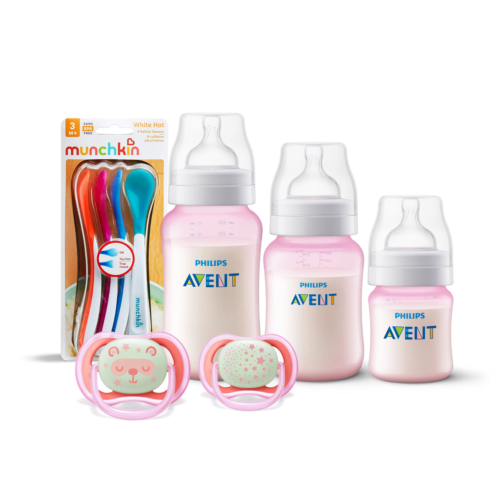 3 Mamaderas Blue + Set de 2 chupetes Nocturno 6-18 meses y 4 Cucharas