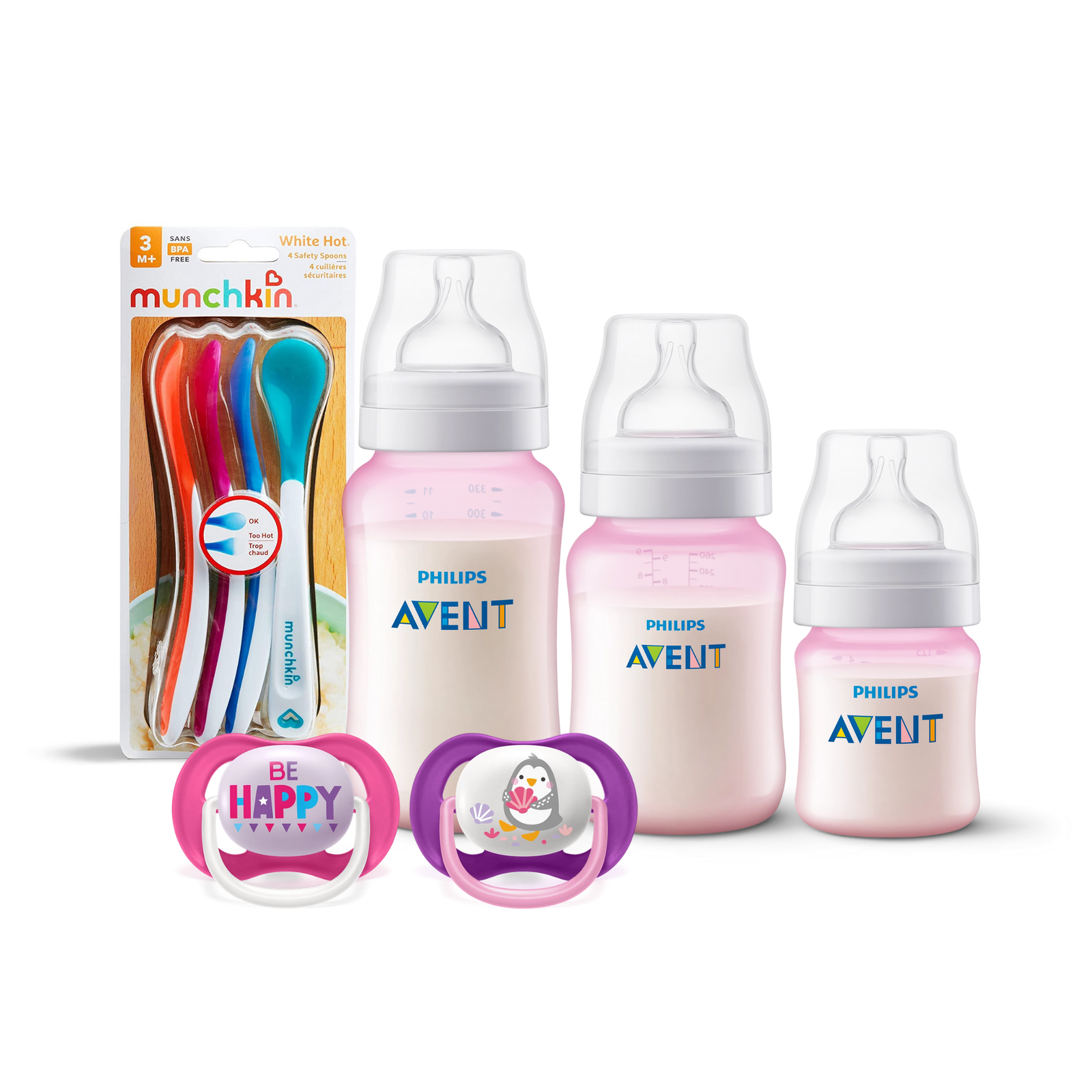 3 Mamaderas Blue + Set de 2 chupetes PingÜino 6-18 meses y 4 Cucharas