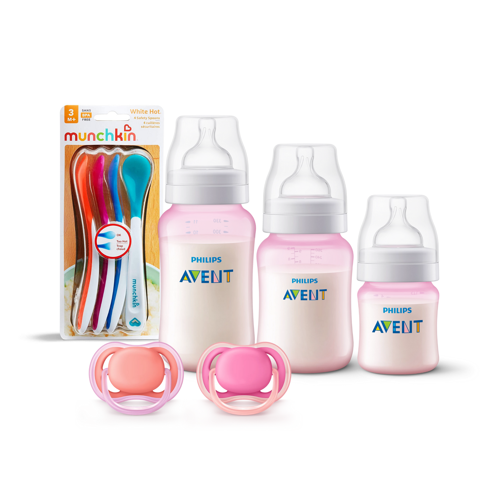 3 Mamaderas Blue + Set de 2 chupetes Pink 6-18 meses y 4 Cucharas