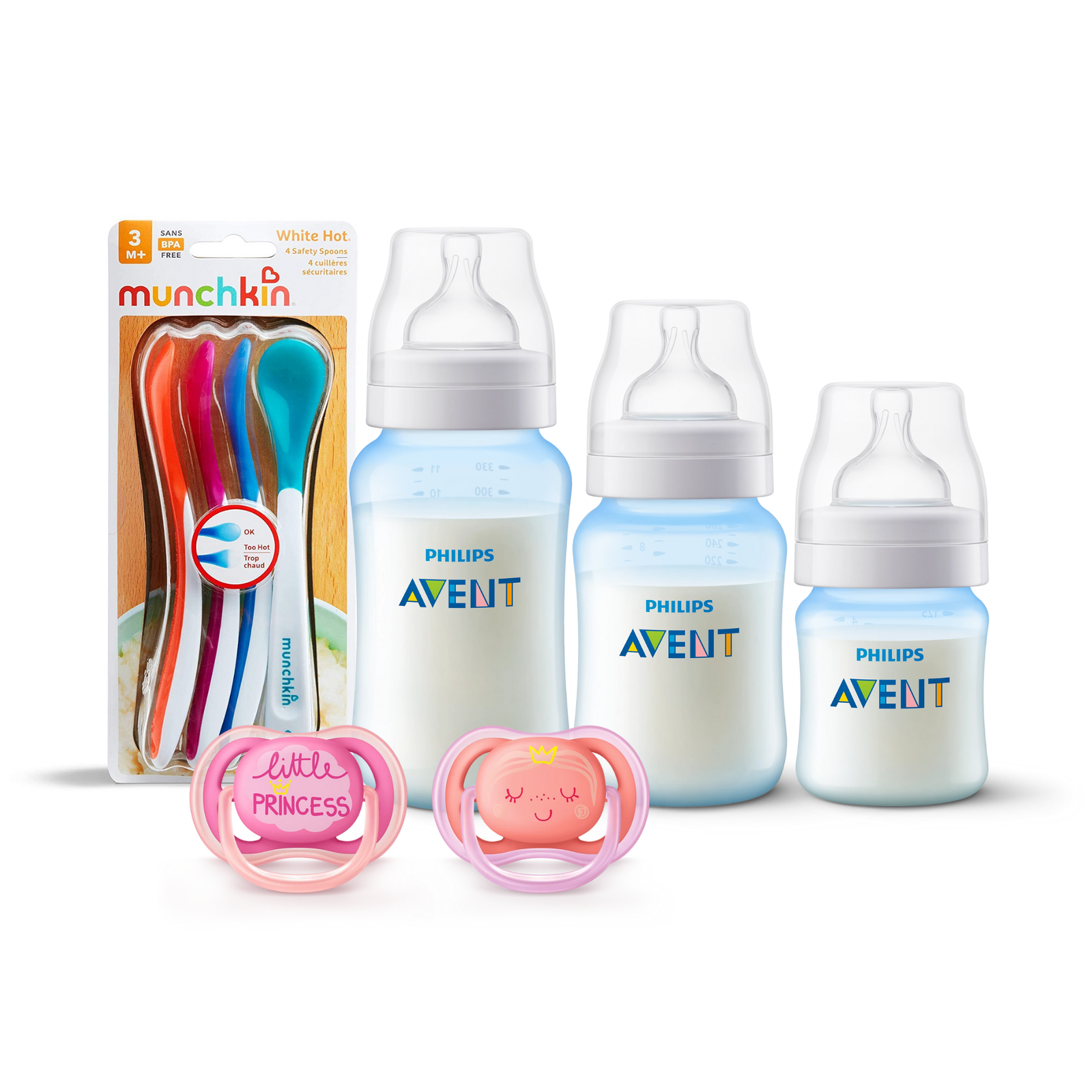 3 Mamaderas Blue + Set de 2 chupetes Pink deco 6-18 meses y 4 Cucharas