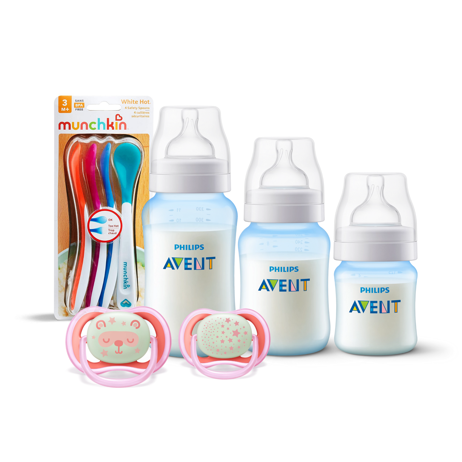 3 Mamaderas Blue + Set de 2 chupetes Nocturnos 6-18 meses y 4 Cucharas