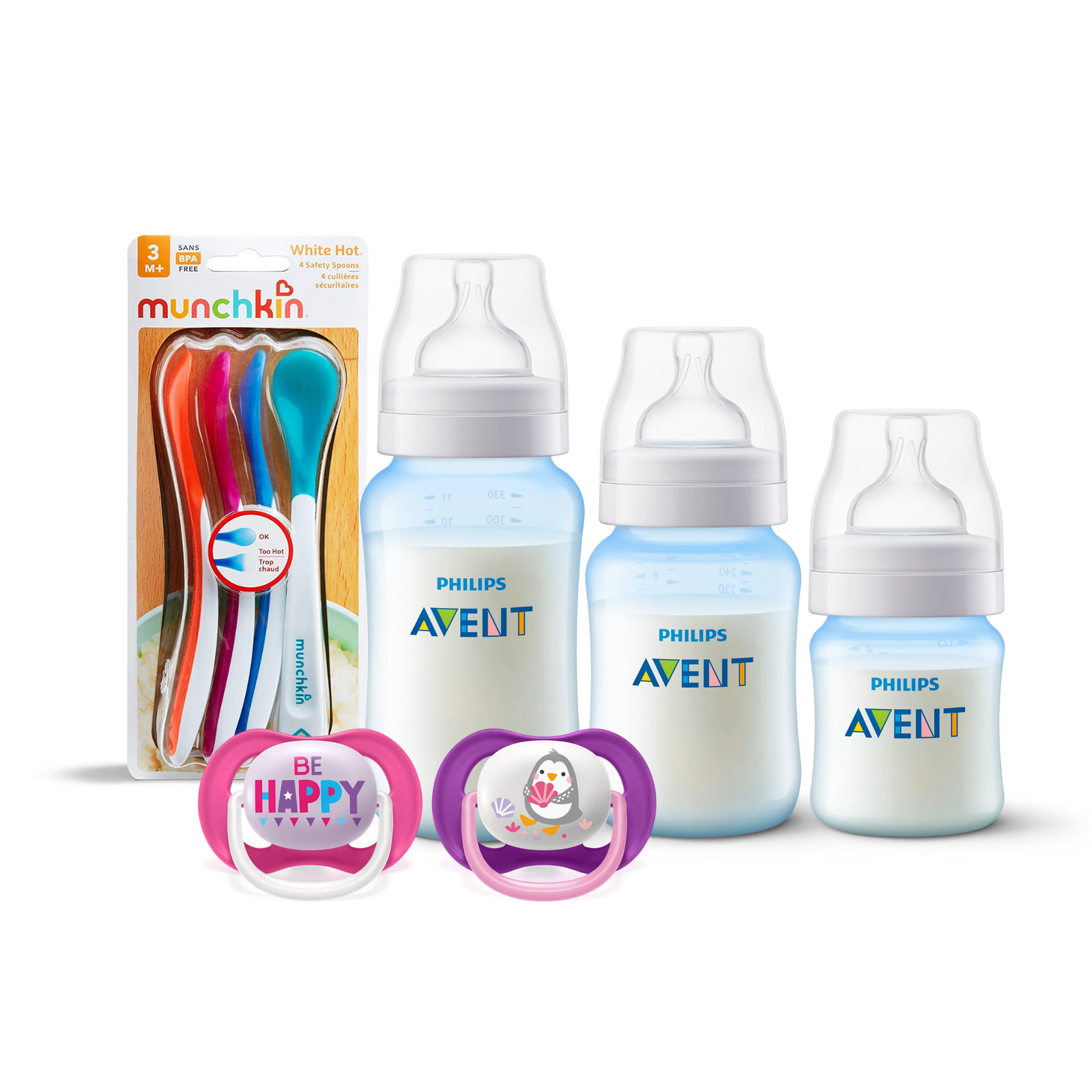 3 Mamaderas Blue + Set de 2 chupetes PingÜino 6-18 meses y 4 Cucharas