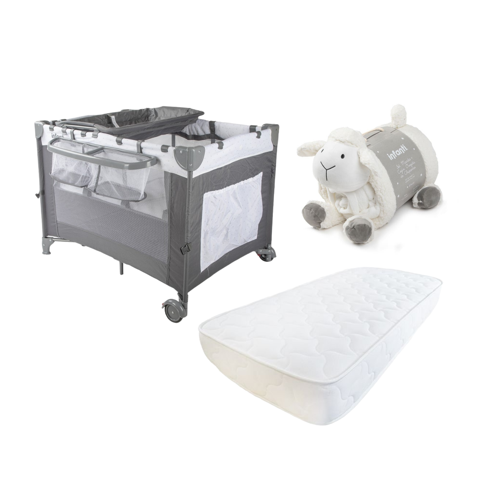 Cuna playard Always Together Marengo, colchón y Manta Oveja