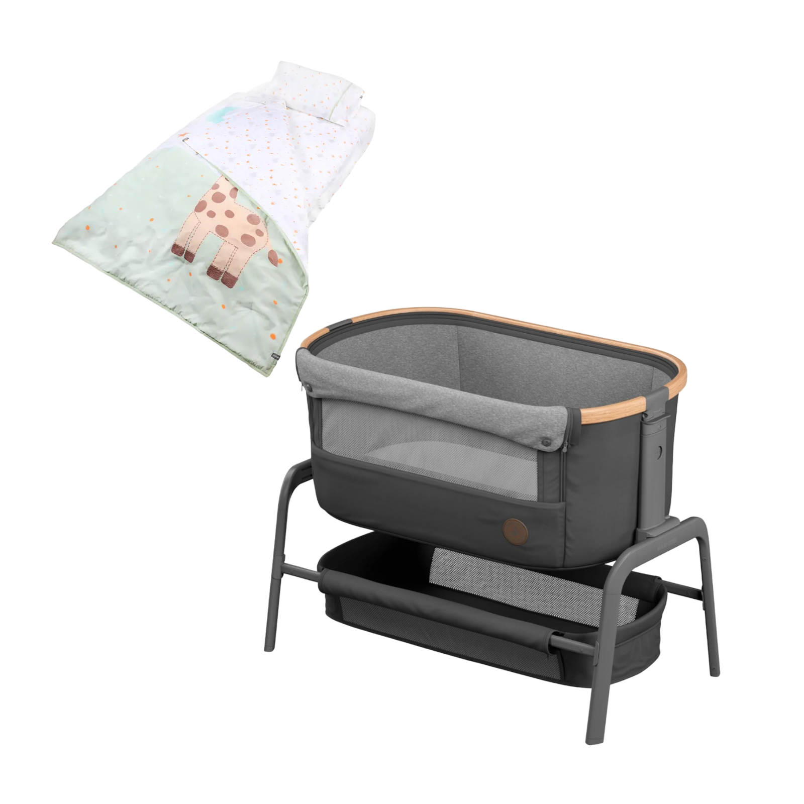 Cuna Colecho Lora Essential Grey + Juego sabanas jirafa