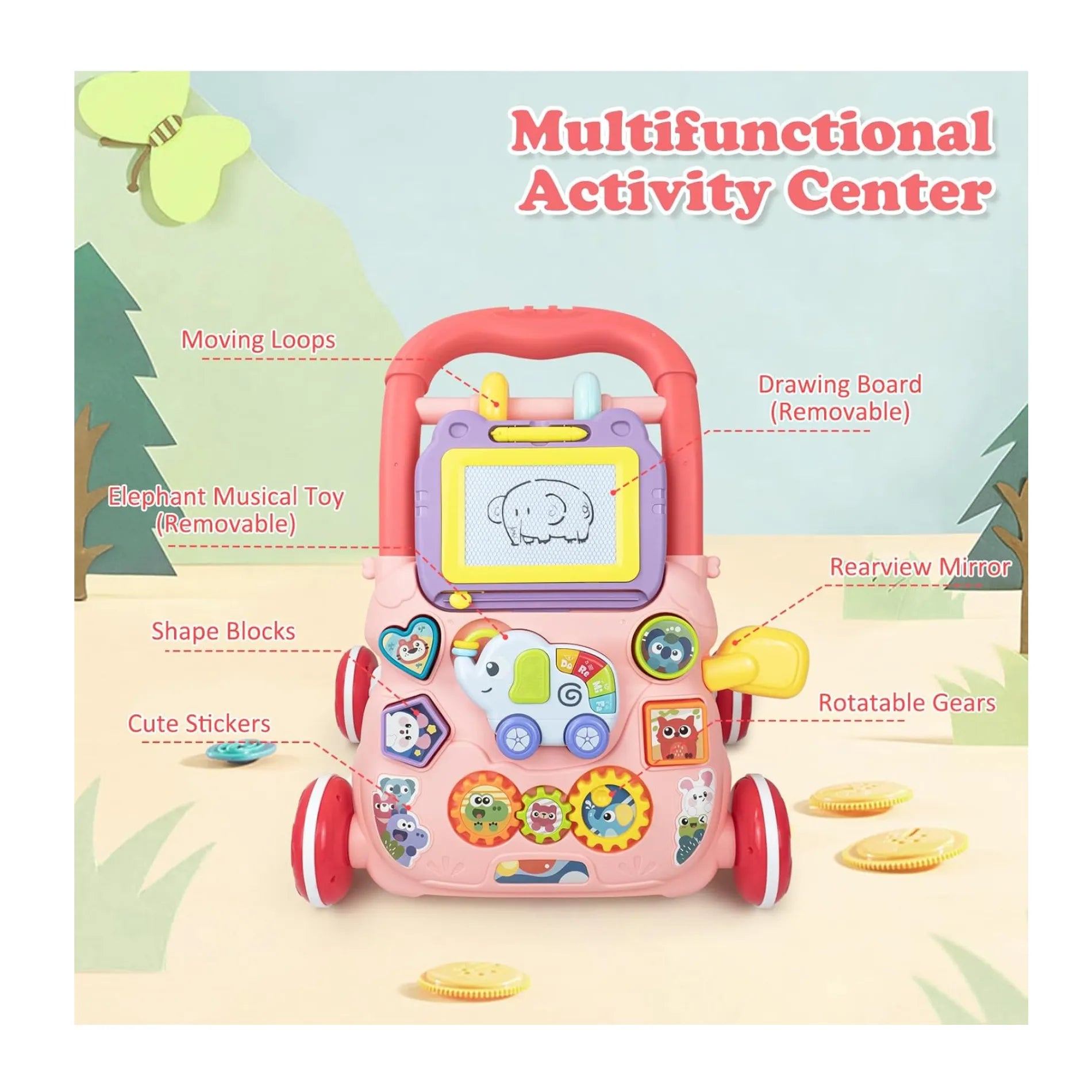 Andador caminador bebe juguete interactivo luz sonido rosado